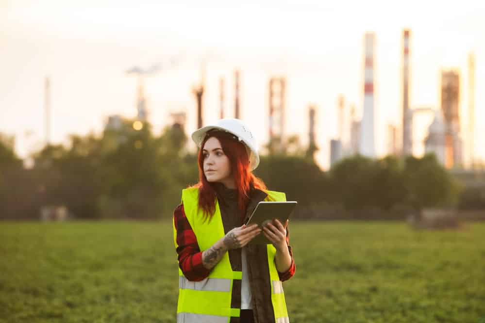 industrial worker with tablet on industrial site